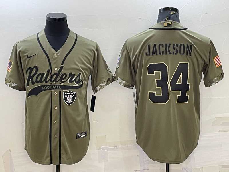 Mens Las Vegas Raiders #34 Bo Jackson 2022 Olive Salute to Service Cool Base Stitched Baseball Jersey